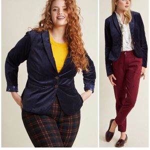 ModCloth Crushed Velvet Deep Navy Blazer with Cat Print Interior 1x